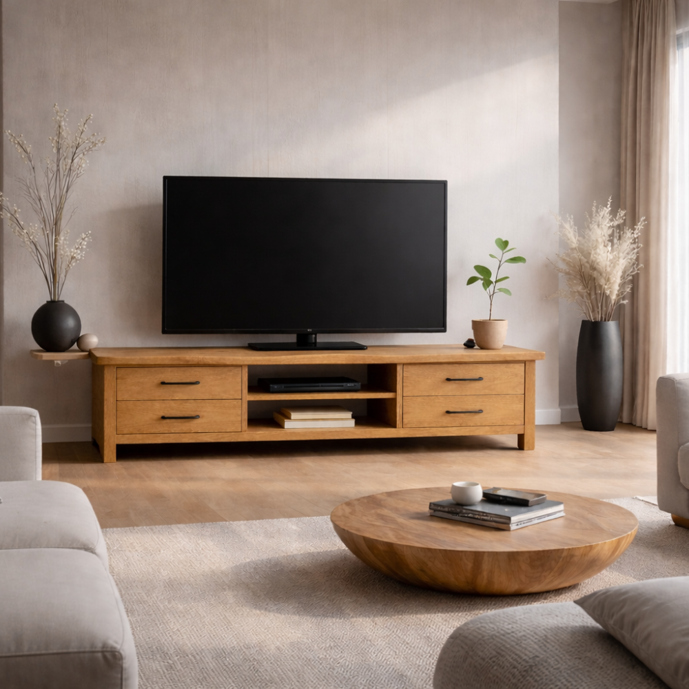 Solid Wood TV Stand with Drawers and Open Shelf Modern Rustic Entertainment Center