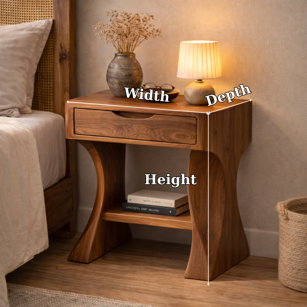 Solid Walnut Nightstand with Drawer and Shelf – Modern Curved Wood Bedside Table
