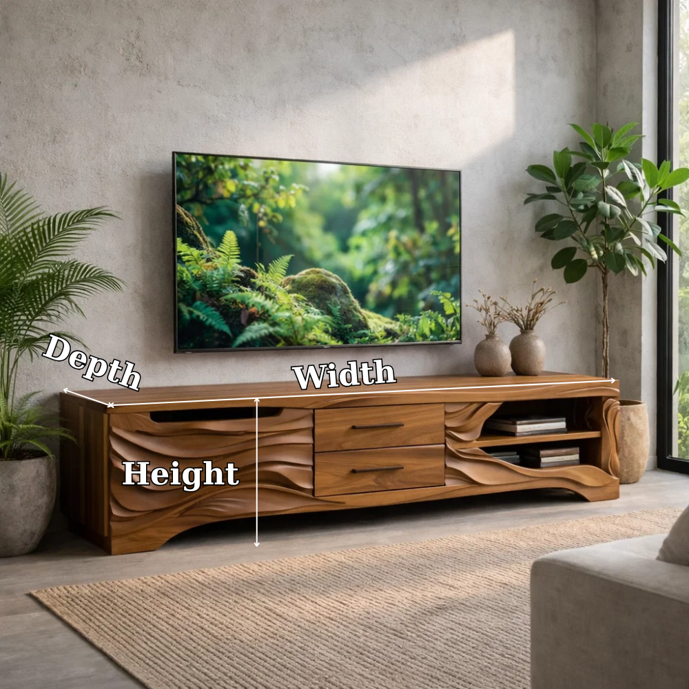 Solid Wood TV Stand with Carved Wave Front – Modern Media Console for Living Room
