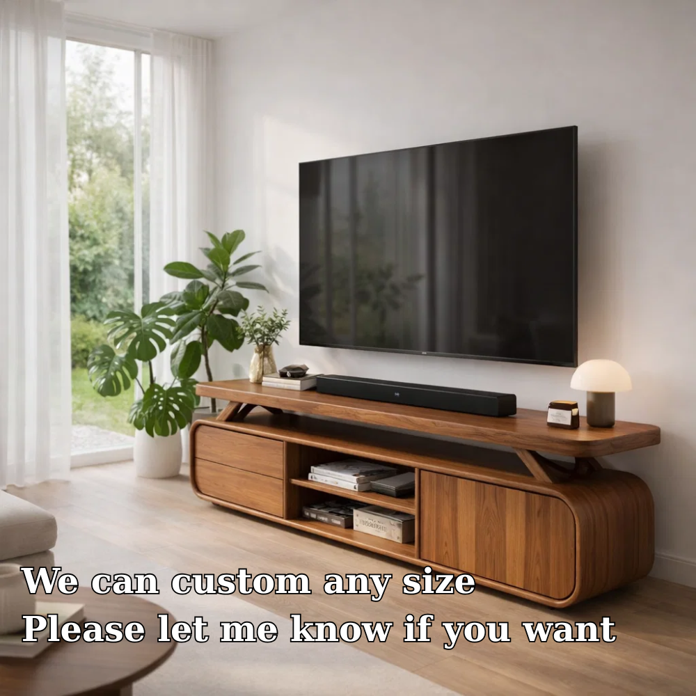 Modern Solid Wood TV Console with Curved Edges & Open Shelf Storage
