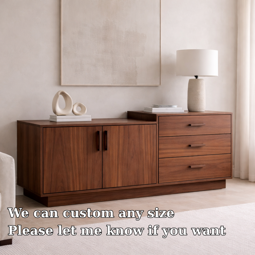Solid Wood Sideboard Cabinet with 3 Drawers and Double Door Storage