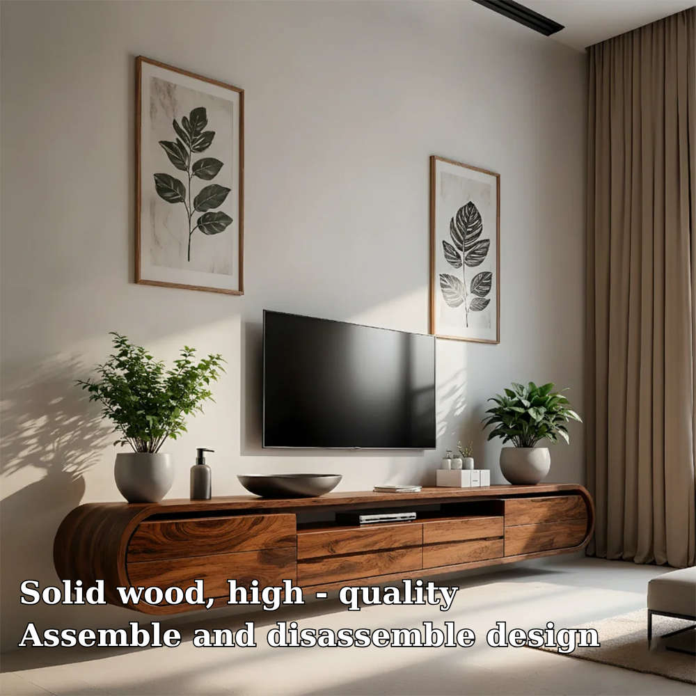 Solid Wood Floating TV Stand Modern Walnut Wall Mounted Media Console
