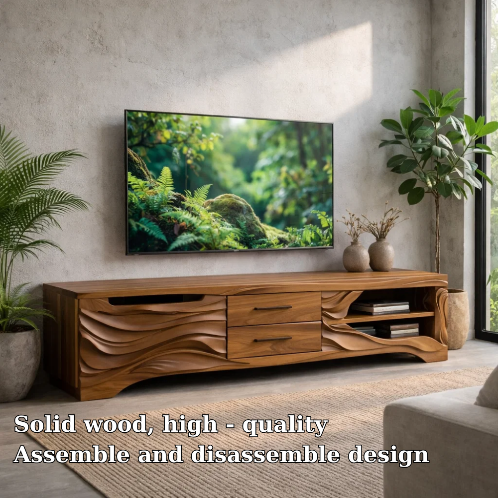 Solid Wood TV Stand with Carved Wave Front – Modern Media Console for Living Room