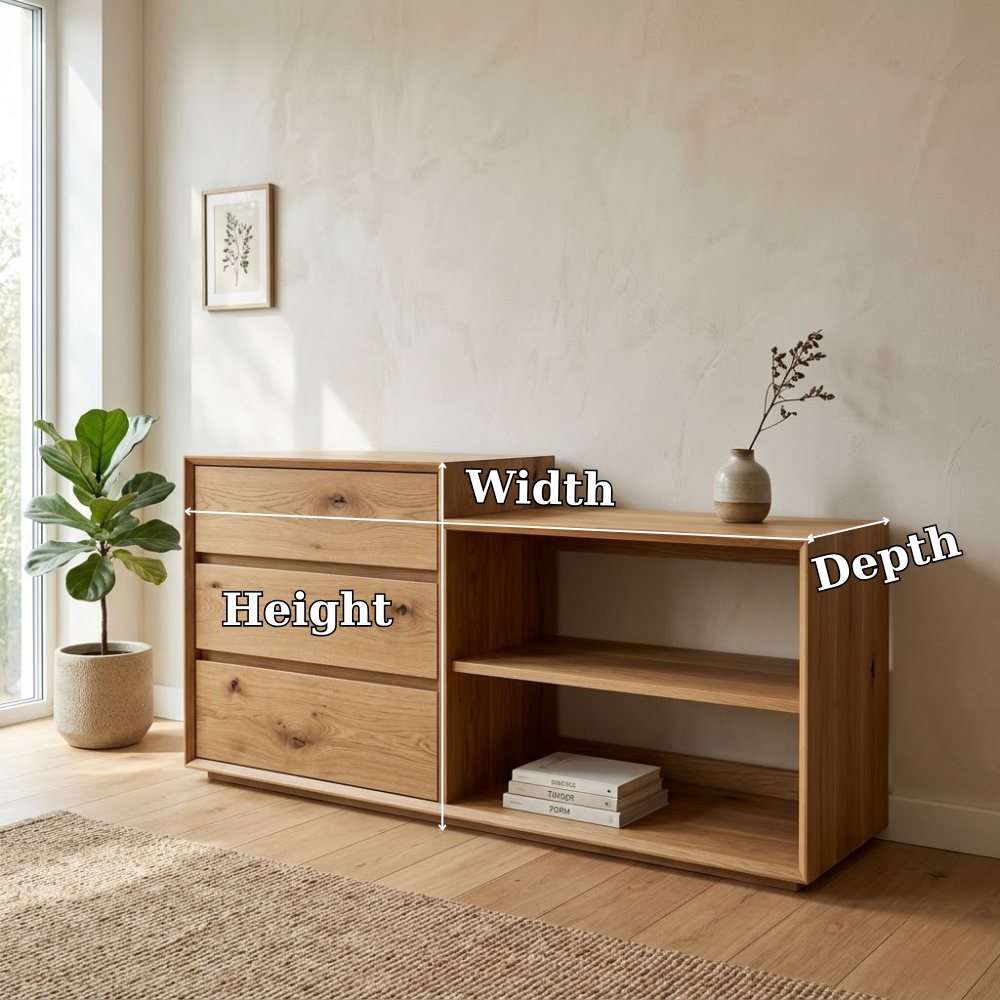 Solid Oak Console Cabinet with Drawers & Open Shelves – Modern Storage Sideboard