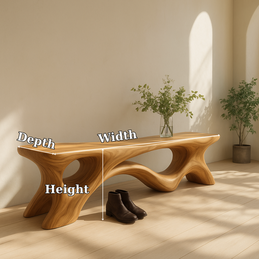 Solid Wood Entryway Bench with Sculptural Base – Modern Organic Wooden Bench