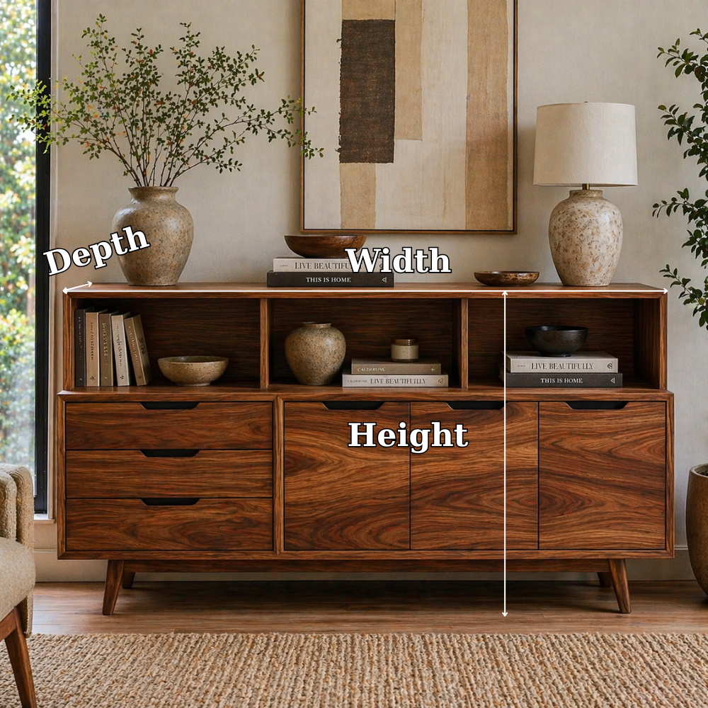 Mid Century Solid Wood Console Cabinet with Drawers & Open Shelf Storage