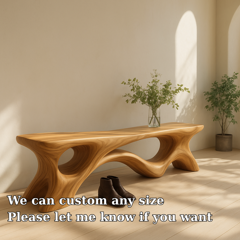 Solid Wood Entryway Bench with Sculptural Base – Modern Organic Wooden Bench