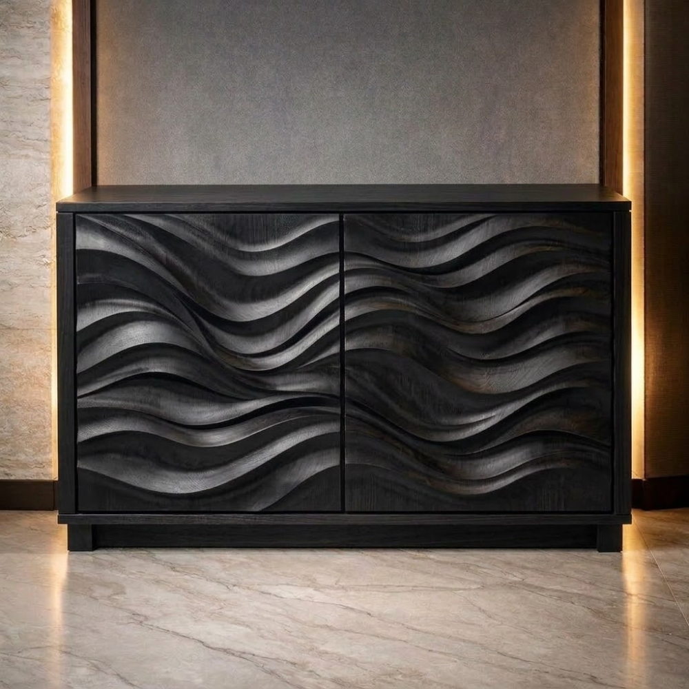 Wave-Pattern Solid Wood Console Cabinet | Modern Home Storage | Elegant Design