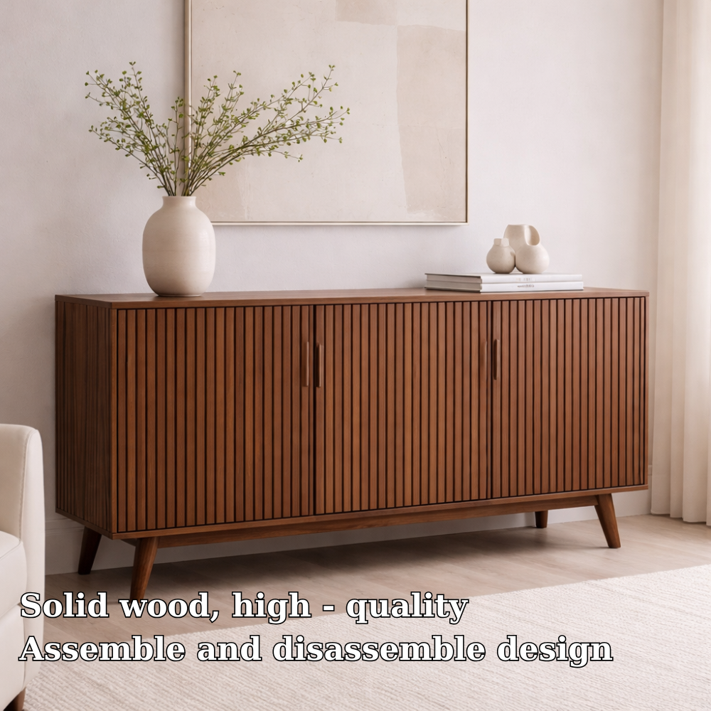 Solid Wood Fluted Console Cabinet with Doors – Modern Storage Sideboard