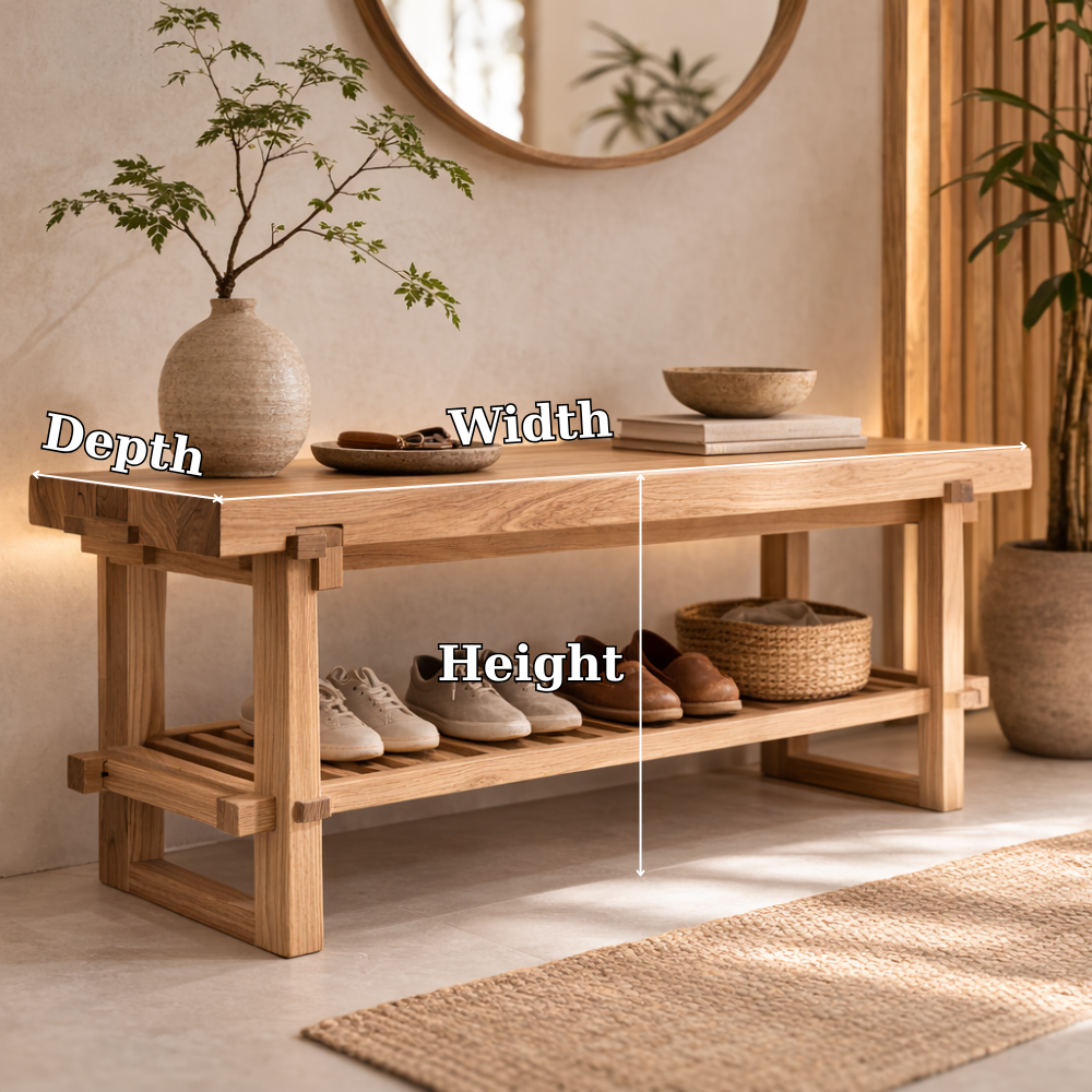 Solid Oak Entryway Bench with Storage Shelf | Modern Hallway Seating