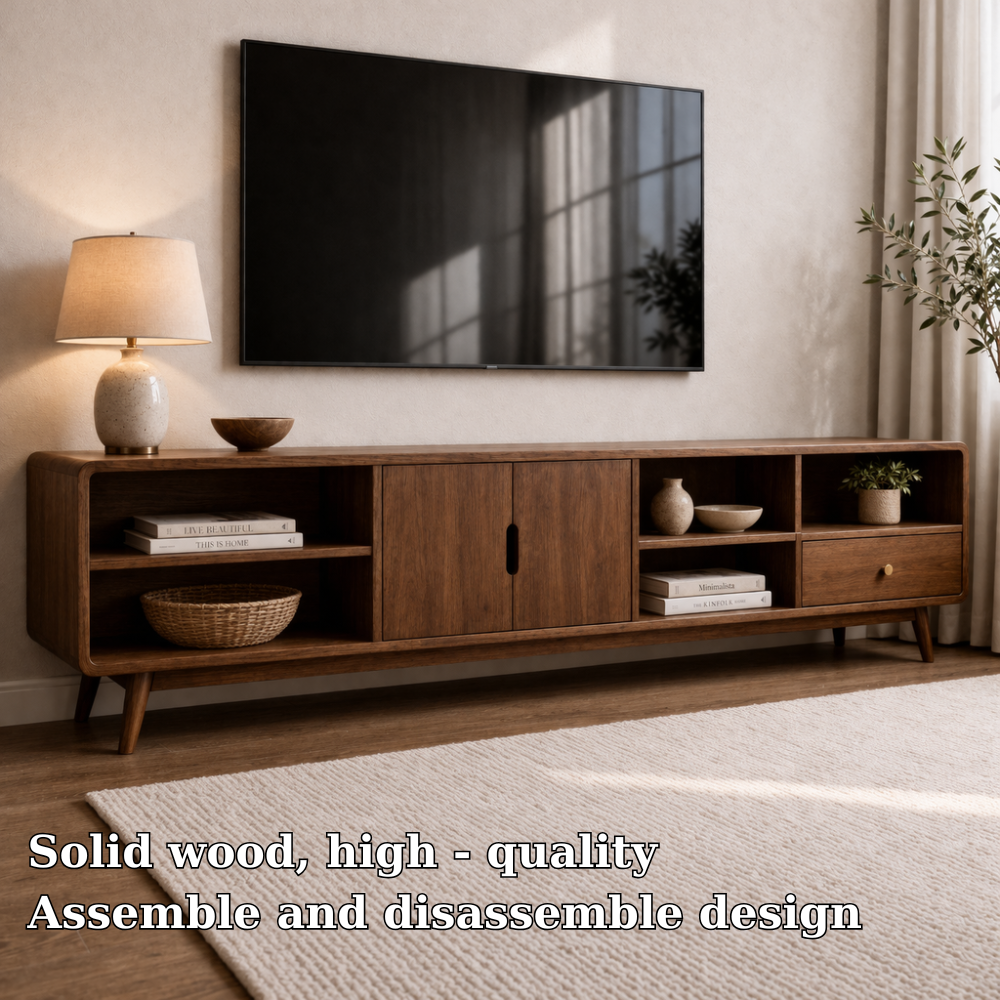 Solid Wood TV Console with Cabinets and Open Shelf Storage