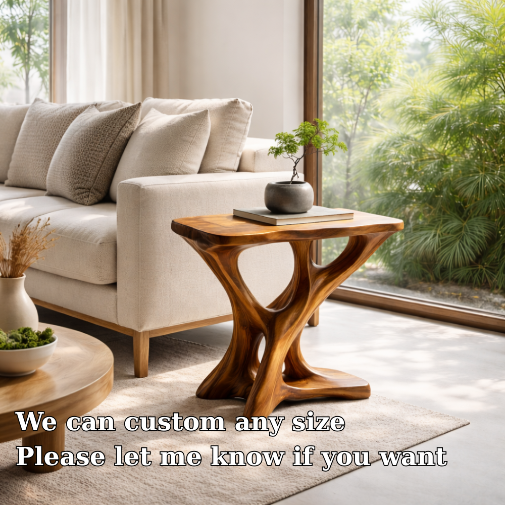 Solid Wood Sculptural End Table – Modern Organic Side Table for Living Room
