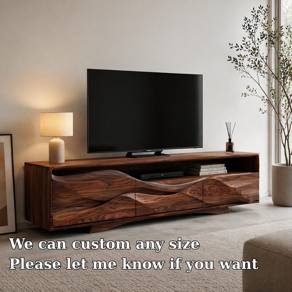 Solid Wood Media Console with Sculpted Front, Modern TV Stand with Storage Shelves