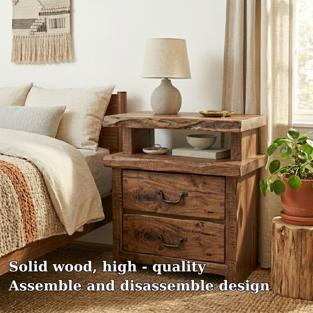 Solid Live Edge Nightstand - Rustic Industrial Table with Hand-Forged Handles