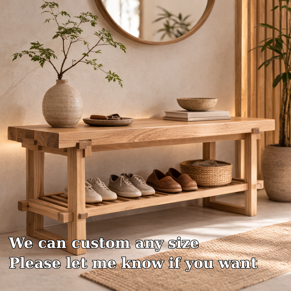 Solid Oak Entryway Bench with Storage Shelf | Modern Hallway Seating