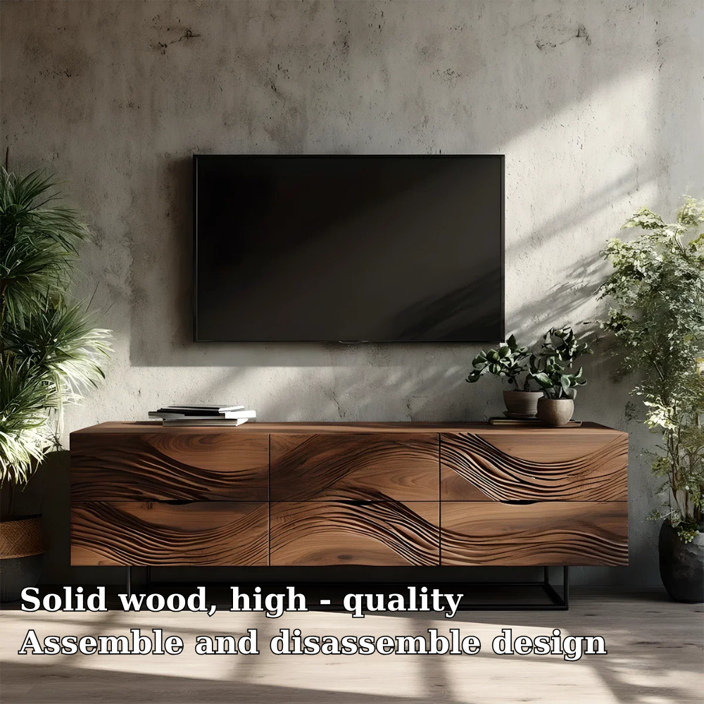 Solid Wood TV Stand Modern Walnut Media Console with Wave Design Storage