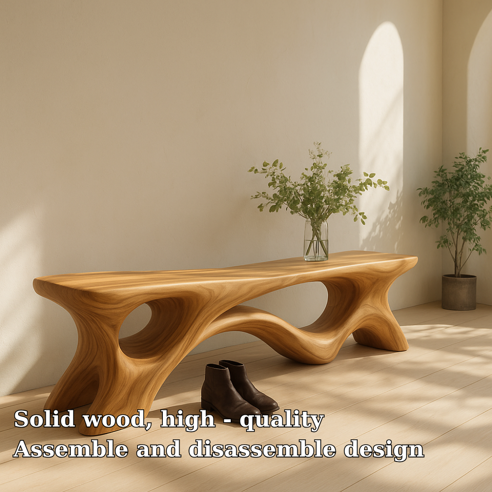 Solid Wood Entryway Bench with Sculptural Base – Modern Organic Wooden Bench