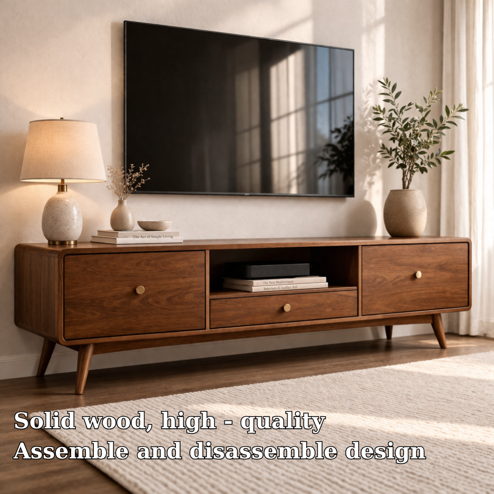Mid Century Solid Wood TV Console with Drawers and Open Shelf
