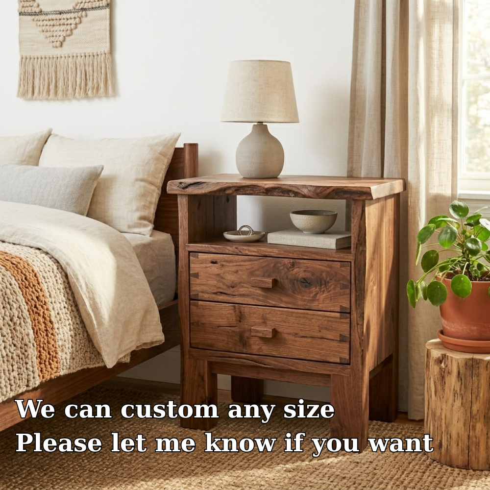 Solid Live Edge Nightstand - Rustic Table with Open Shelf and Wood Handles