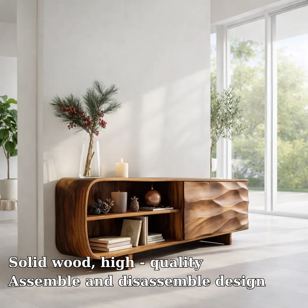 Solid Wood Sideboard Console with Wave Carved Door & Open Shelf Storage