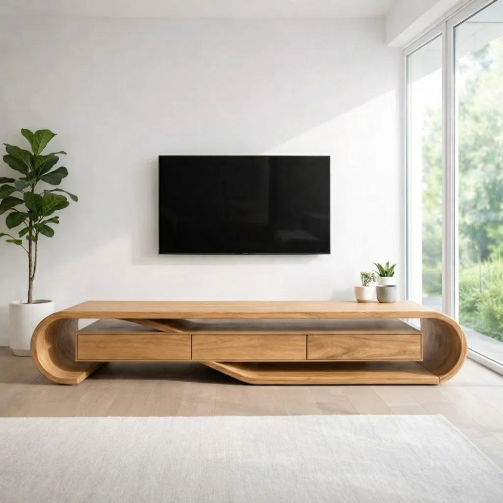 Solid Wood Media Console with Sculptural Curved Frame & Drawers, Modern TV Stand