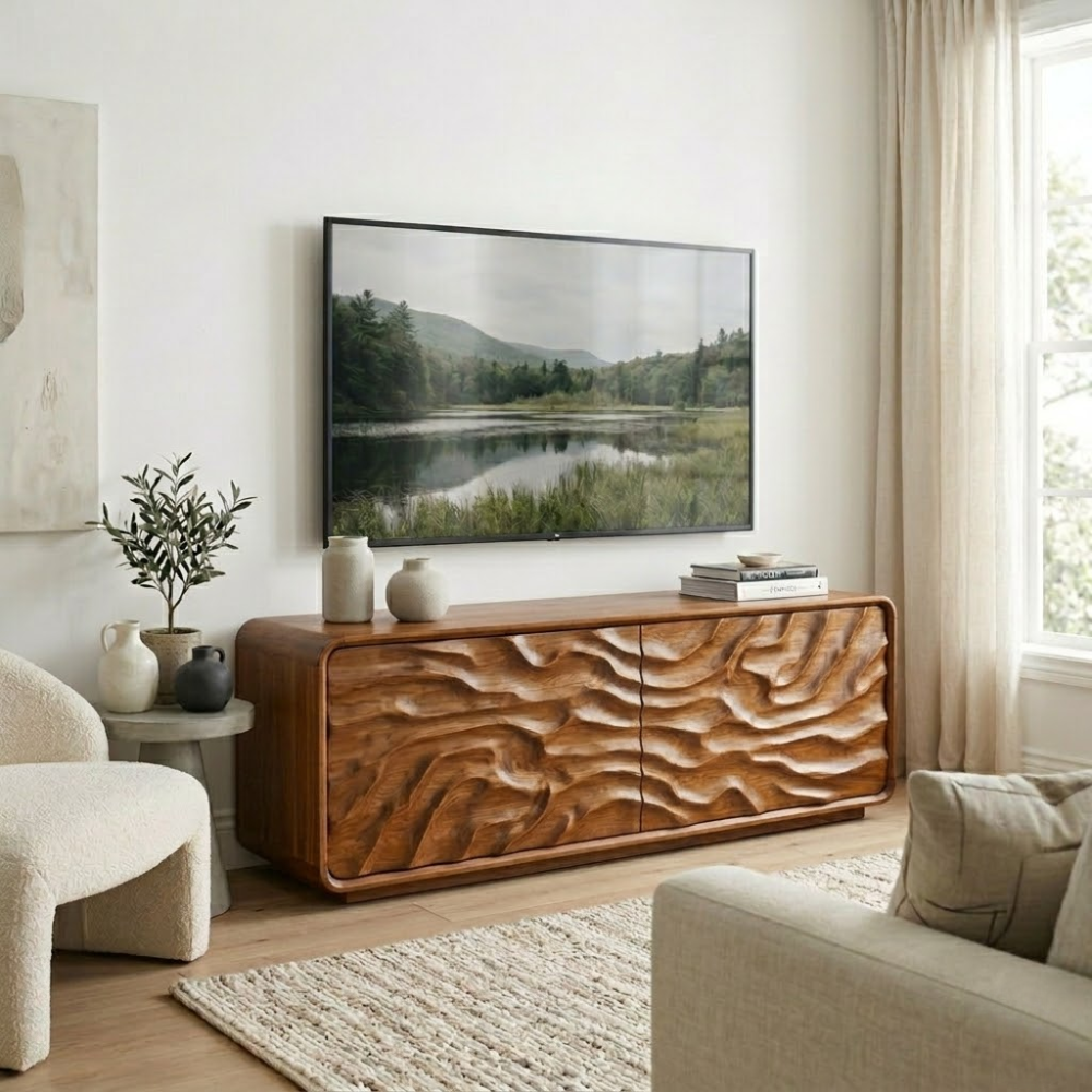 Solid Wood Media Console with Sculpted Doors, Modern TV Stand Cabinet with Storage
