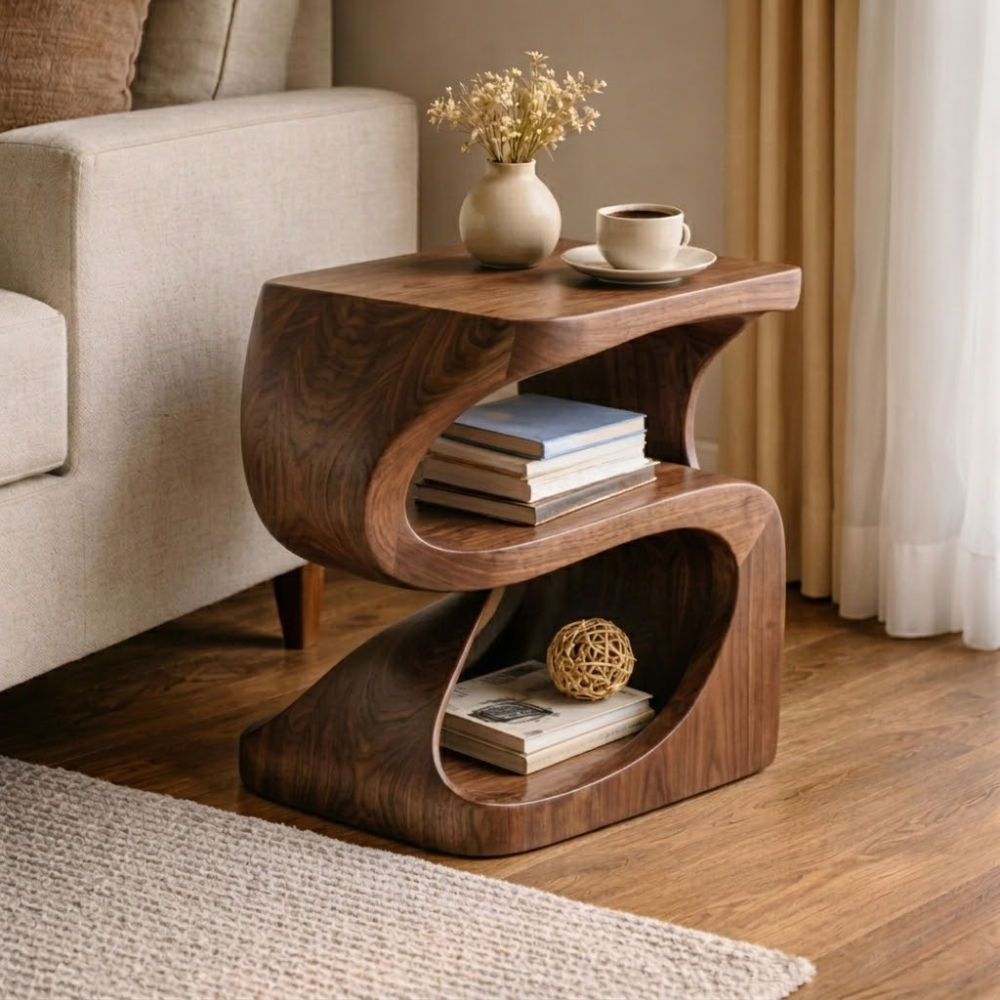Solid Wood Sculptural End Table with Open Shelf – Modern Curved Side Table