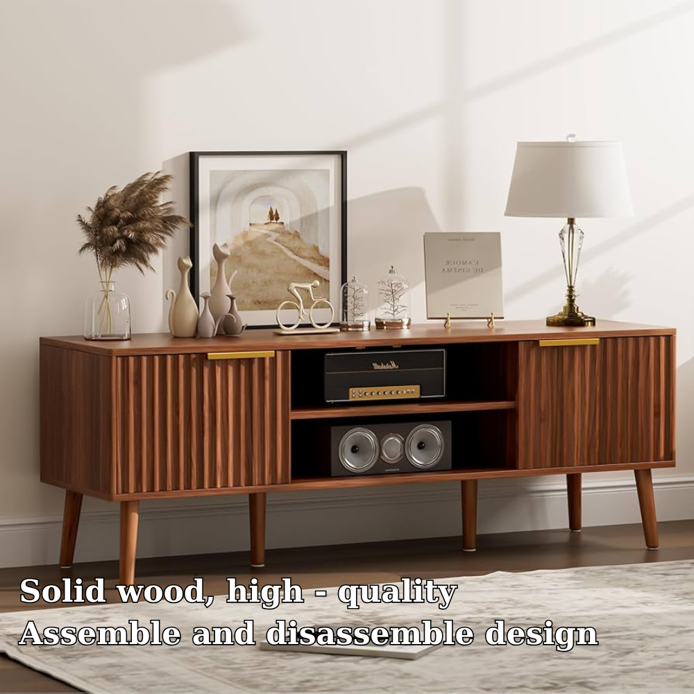 Mid Century Wood Sideboard Cabinet with Slatted Doors & Media Storage Shelf