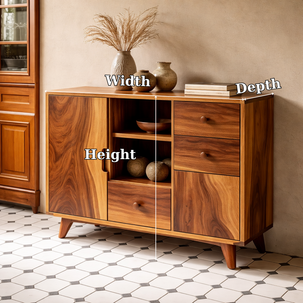 Solid Wood Console Cabinet | Mid-Century Modern Storage with Open Shelves
