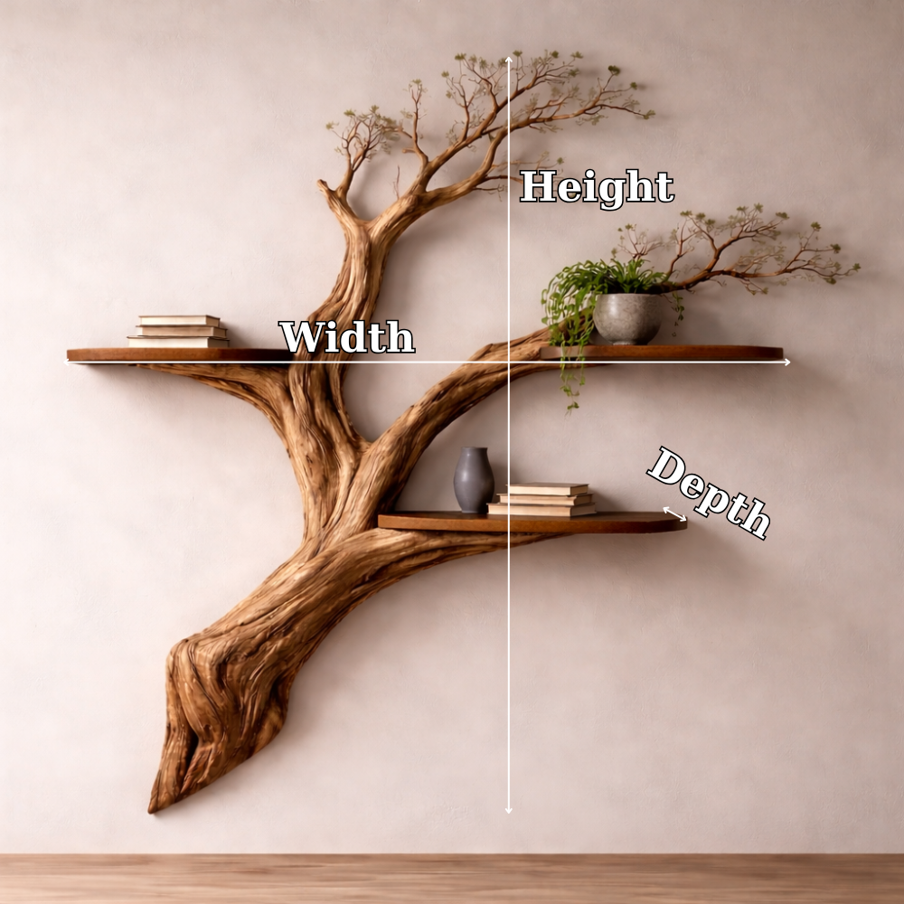Handcrafted Solid Wood Tree Branch Wall Shelf - Rustic Floating Bookshelf & Kitchen Decor