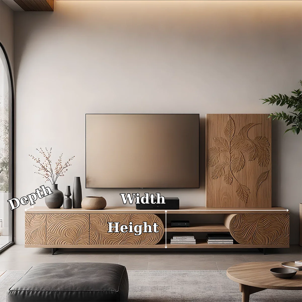 Solid Wood TV Stand Modern Media Console with Carved Front Storage Cabinet
