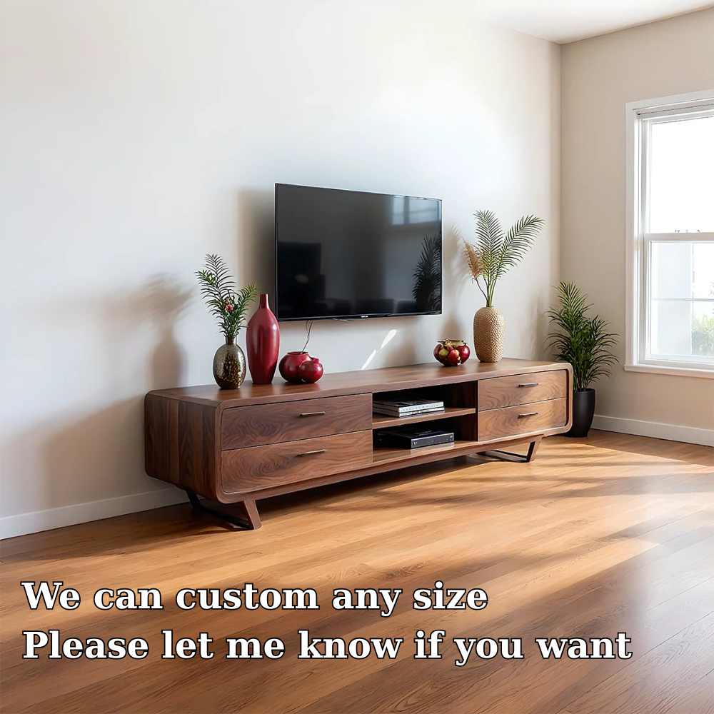 Solid Wood TV Stand Walnut Mid Century Modern Media Console with Storage