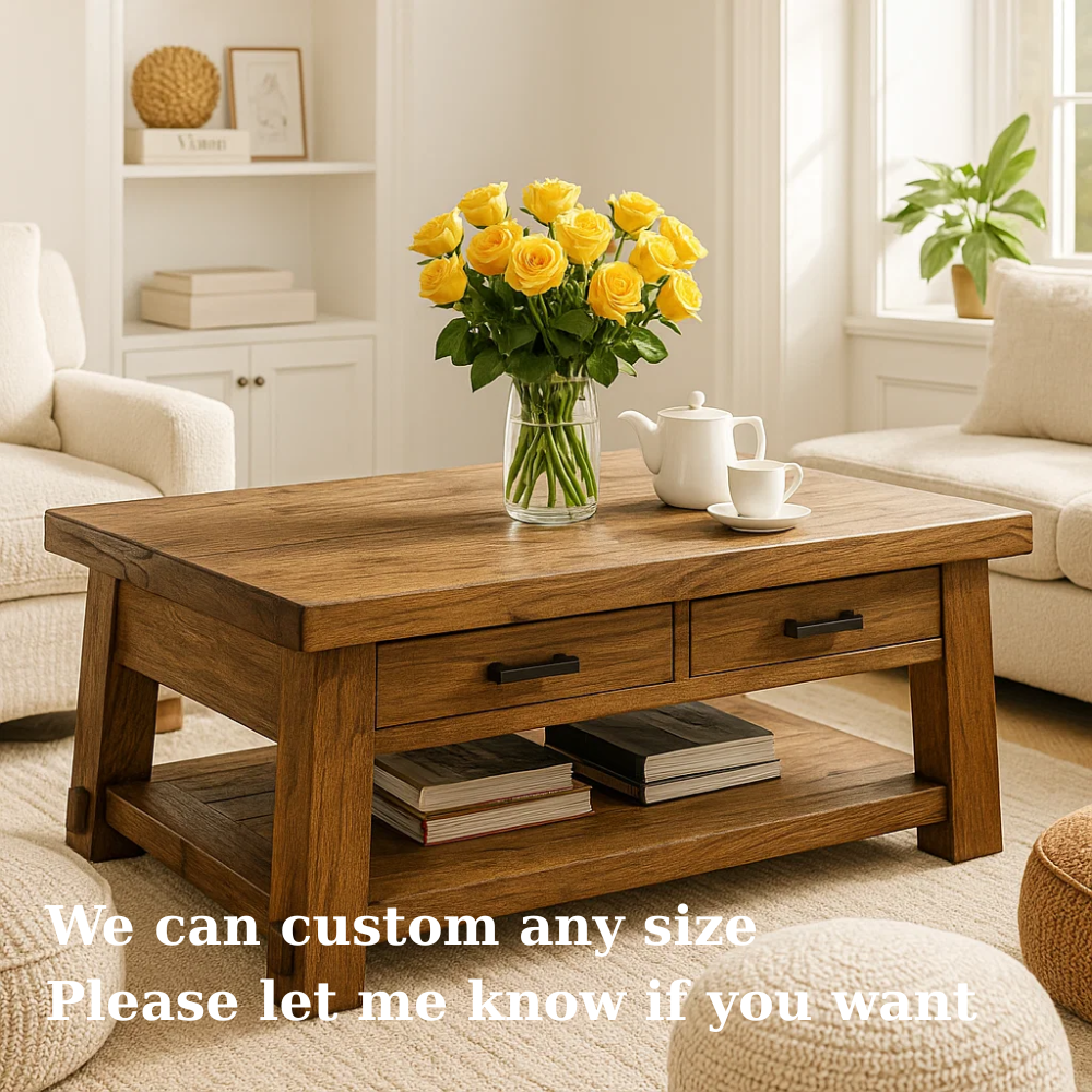 Solid Wood Coffee Table with Drawers and Storage Shelf Rustic Living Room Table