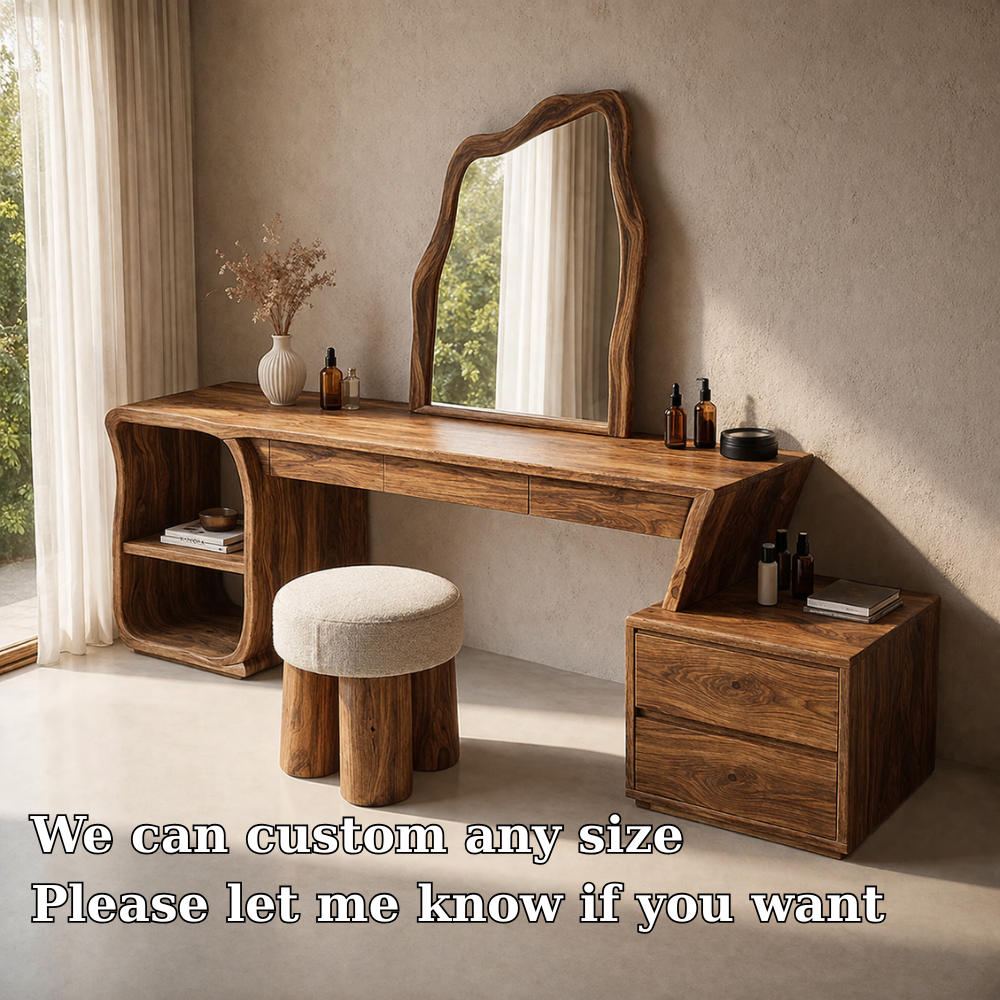 Solid Wood Makeup Vanity with Sculptural Mirror and Storage – Modern Design