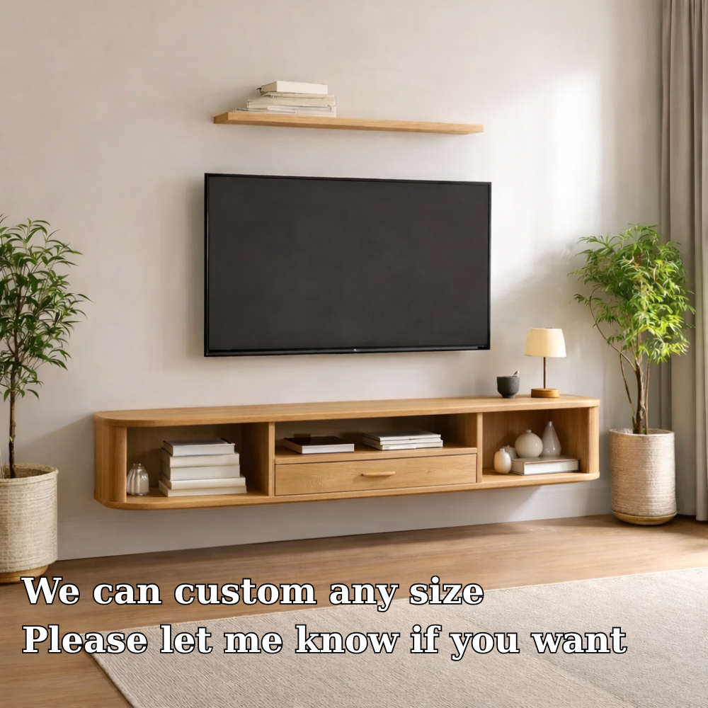 Floating Solid Wood TV Stand with Drawer and Open Shelves – Wall Mounted Media Console