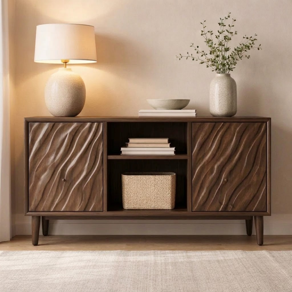 Solid Wood Console Cabinet with Wave Carved Doors & Open Shelf Storage
