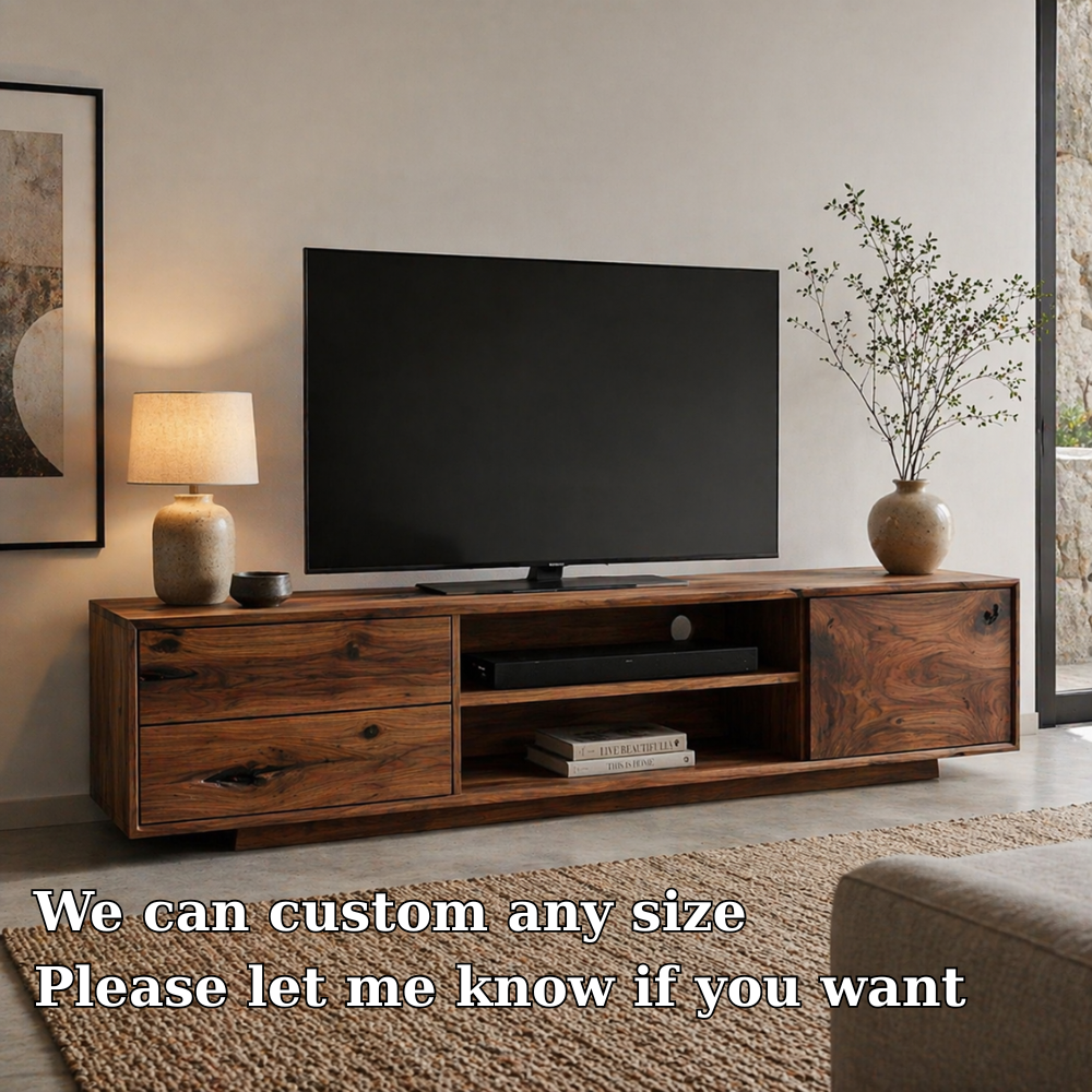 Solid Wood Media Console with Drawers, Modern Rustic TV Stand with Open Storage
