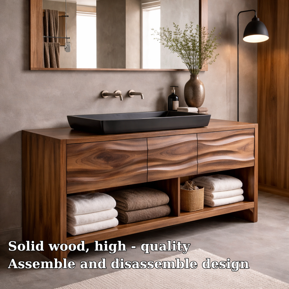 Solid Walnut Wood Bathroom Vanity Cabinet with Drawers & Open Shelf β Modern Vanity Base