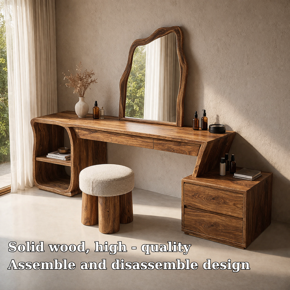 Solid Wood Makeup Vanity with Sculptural Mirror and Storage – Modern Design