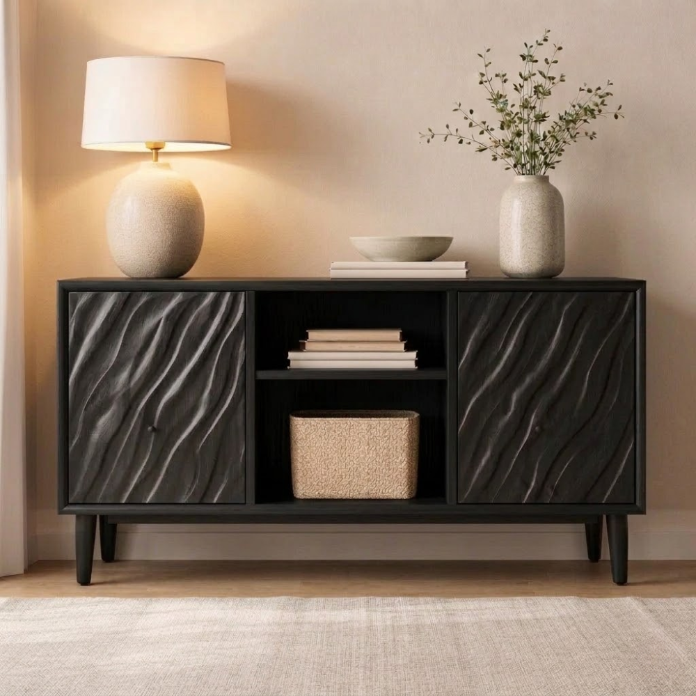 Solid Wood Console Cabinet with Wave Carved Doors & Open Shelf Storage