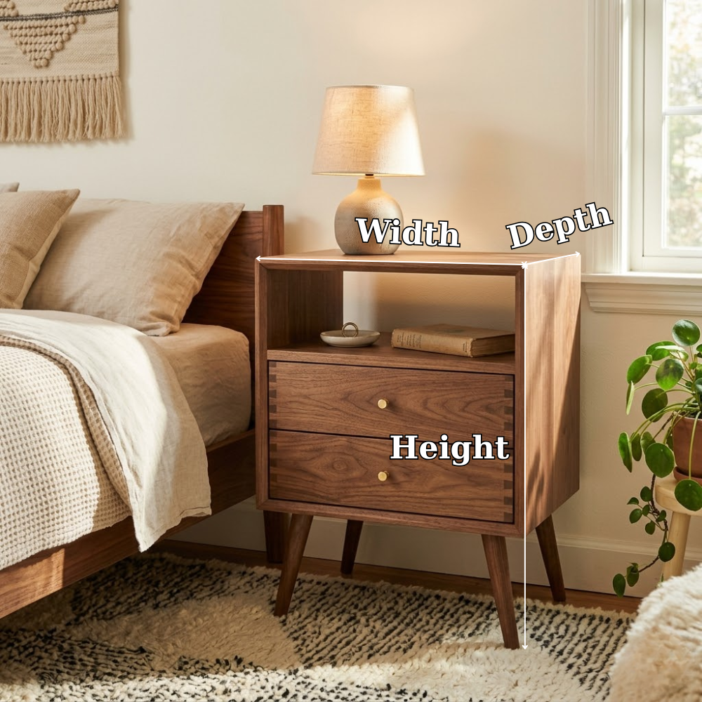Solid Nightstand - Mid-Century Modern Bedside Table with Open Shelf & 2 Drawers