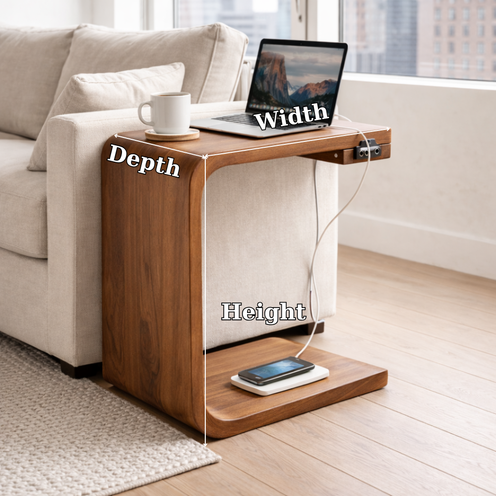 Solid Wood C-Shaped End Table with Charging Port – Modern Sofa Side Table