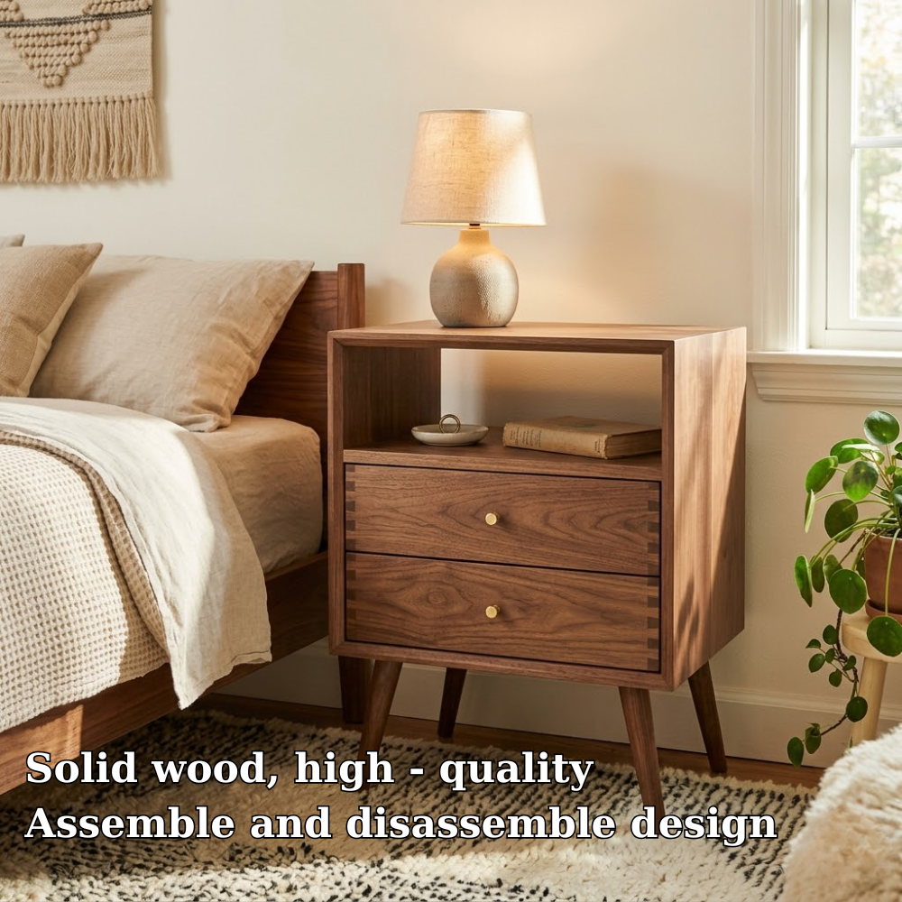 Solid Nightstand - Mid-Century Modern Bedside Table with Open Shelf & 2 Drawers