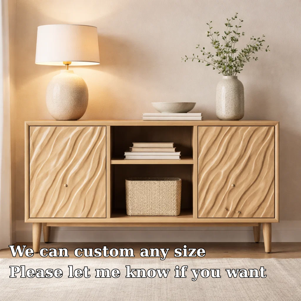 Solid Wood Console Cabinet with Wave Carved Doors & Open Shelf Storage