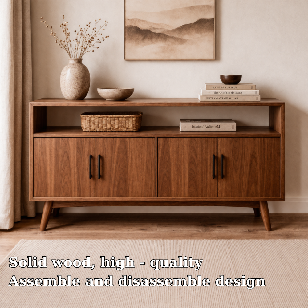 Solid Wood Console Cabinet with Open Shelf and 4 Doors – Modern Storage Sideboard