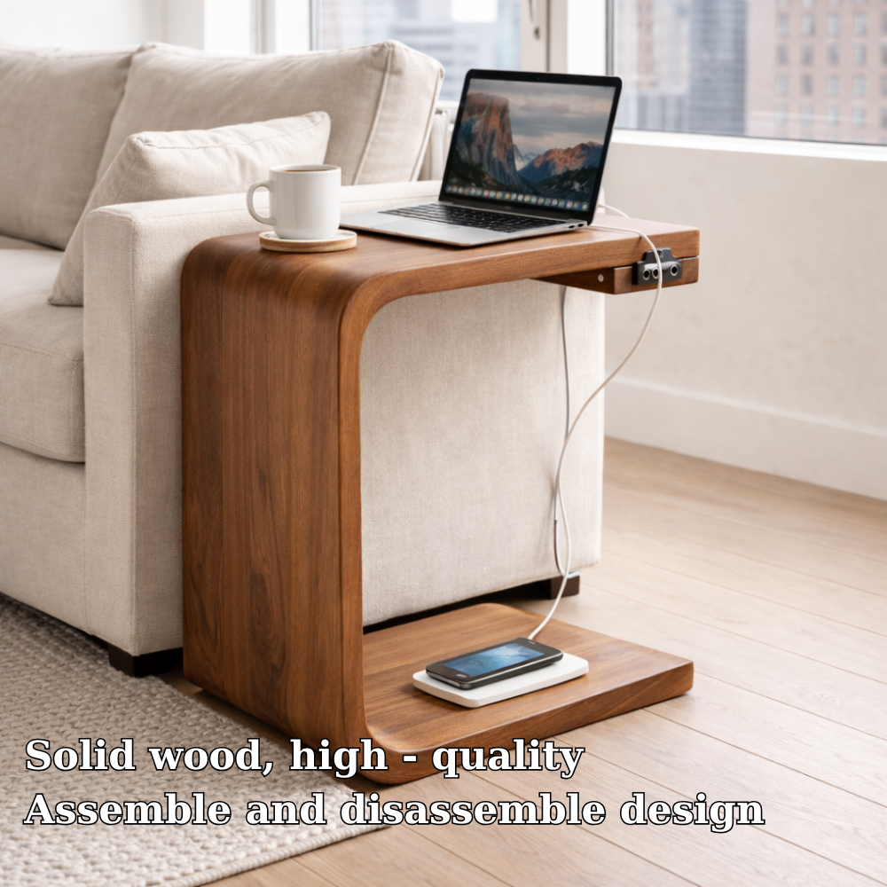 Solid Wood C-Shaped End Table with Charging Port – Modern Sofa Side Table