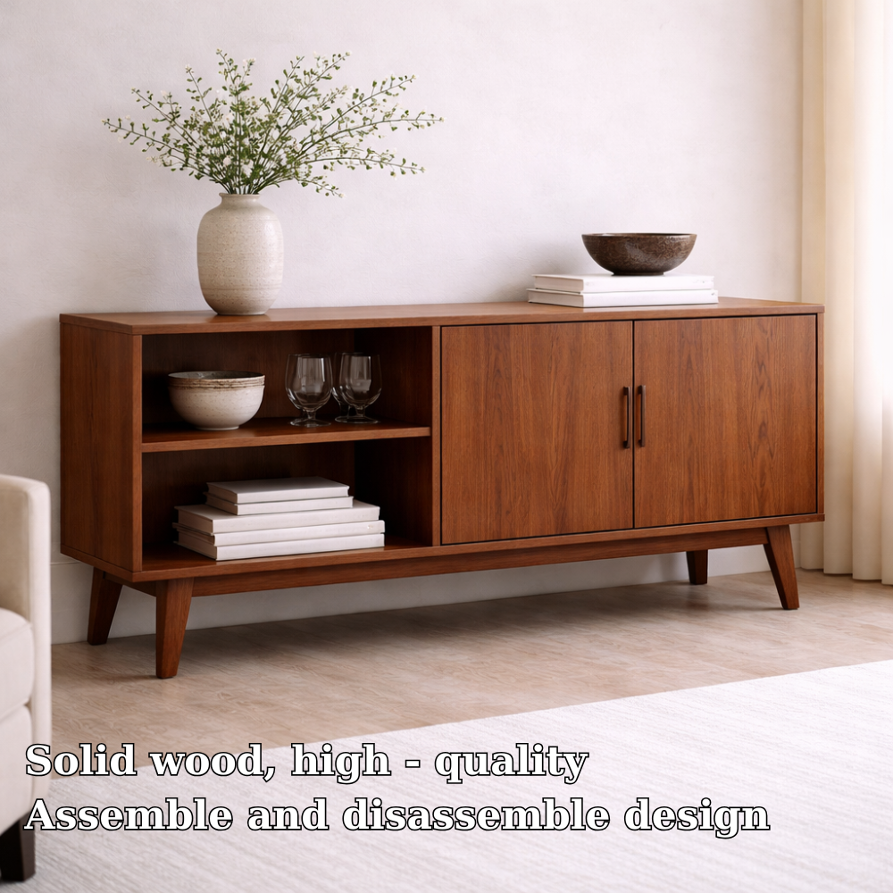 Solid Wood Console Cabinet with Open Shelves and Storage Doors