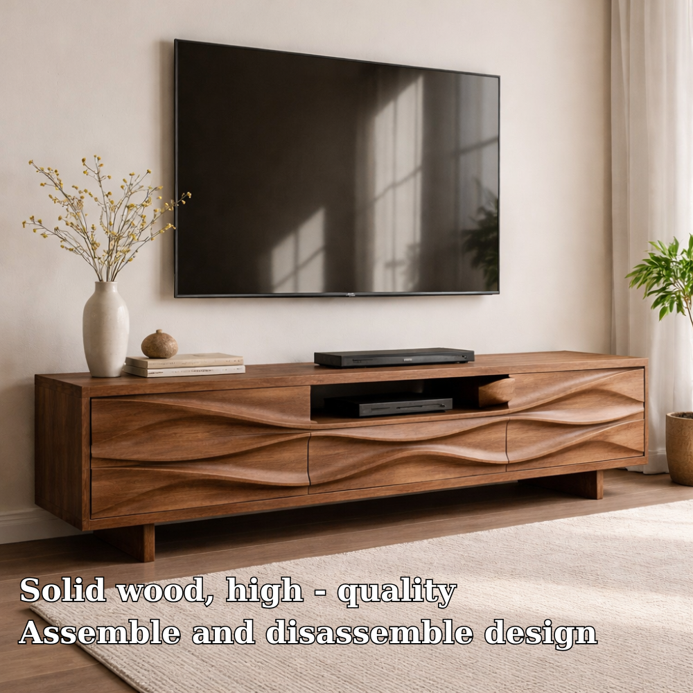 Solid Wood TV Console with Wave Front Design and Media Storage
