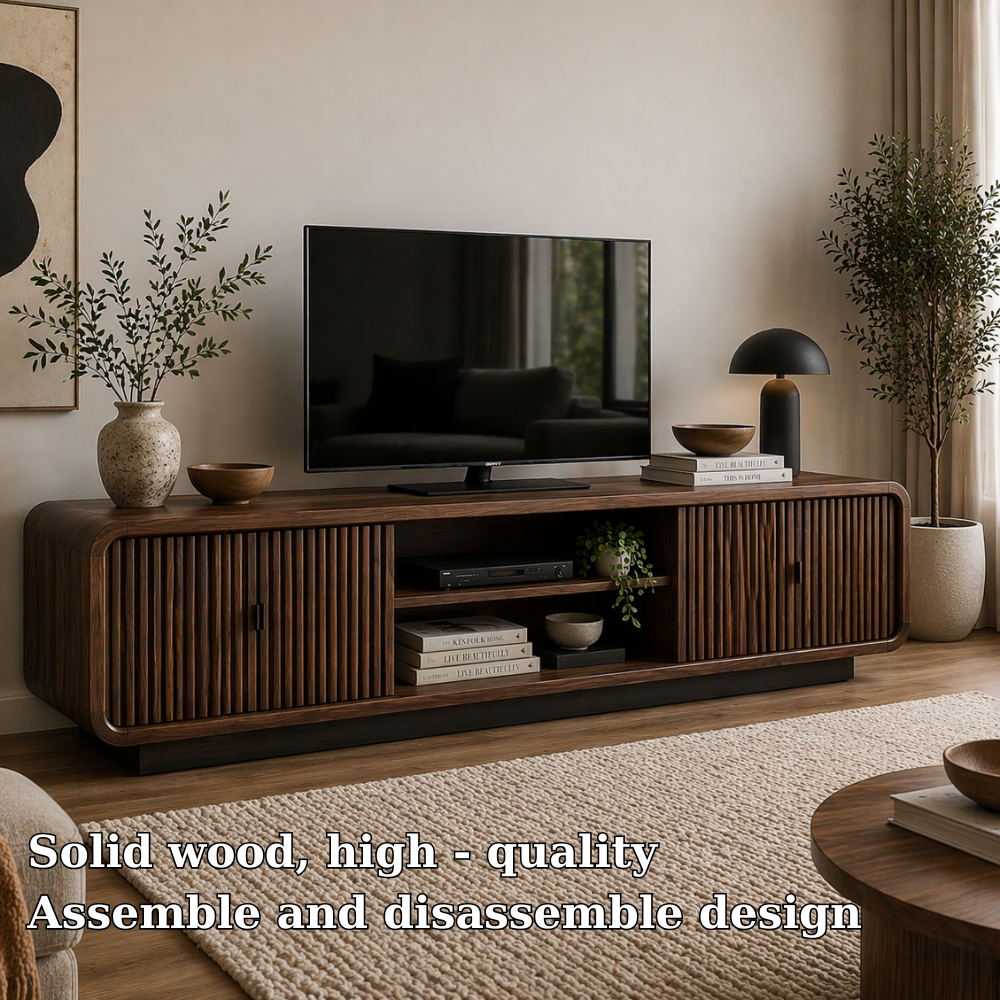 Modern Solid Wood TV Cabinet with Slatted Doors & Open Shelf Storage