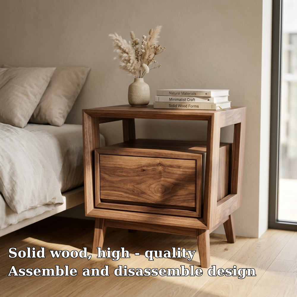 Solid Wood Nightstand - Modern Architectural Bedside Table with Floating Drawer